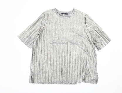 Marks & Spencer Women's Grey Striped T-Shirt Size 16