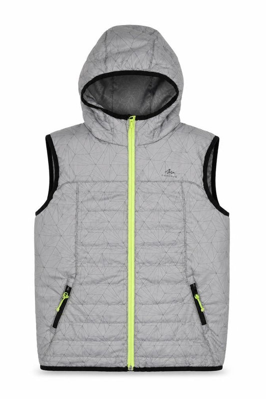 Front view of Quechua boys’ grey puffer jacket 10-11 years lightweight hooded