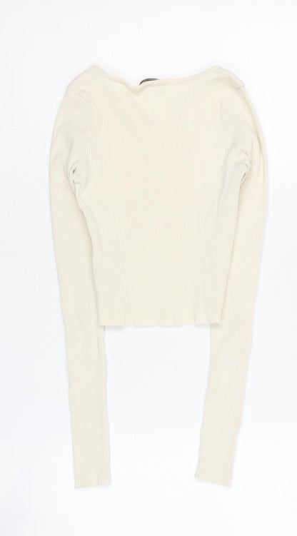 Pull&Bear Womens Ivory Cropped Knit Blouse, Size S