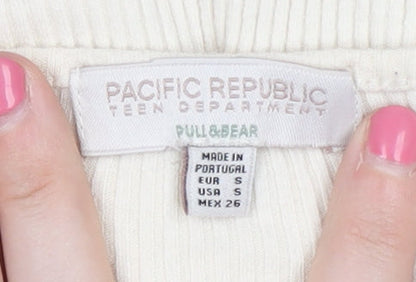 Pull&Bear Womens Ivory Cropped Knit Blouse, Size S
