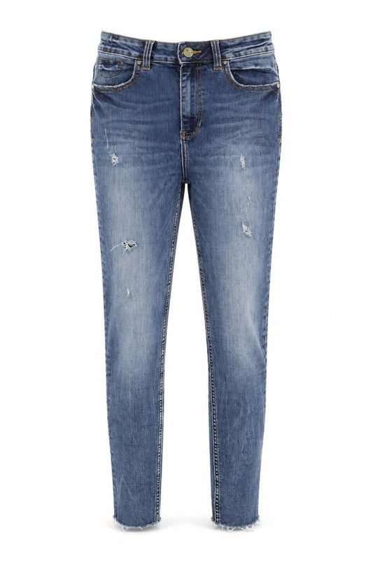 Zara Women's Blue Skinny Jeans - Size 10, Distressed
