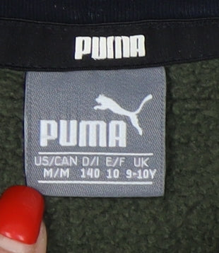 Close-up detail of Puma boys’ green pullover hoodie - 9-10 years