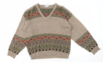 Greenwoods Men's Beige Geometric Pullover M V-Neck Jumper