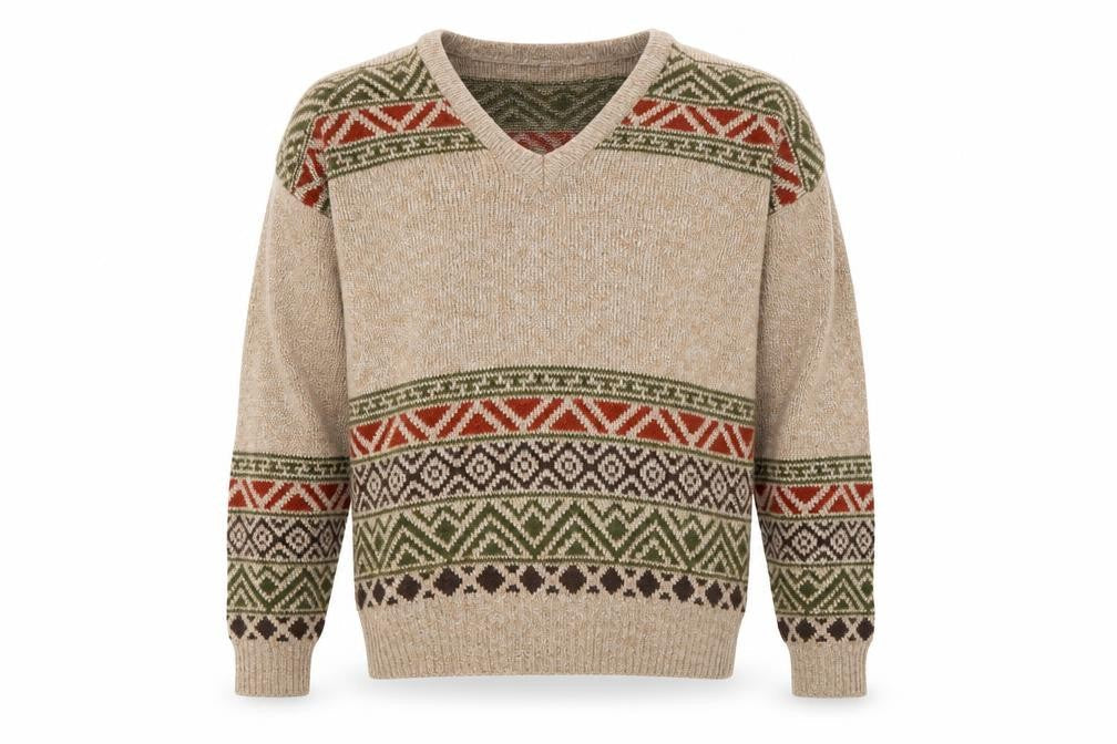 Greenwoods Men's Beige Geometric Pullover M V-Neck Jumper