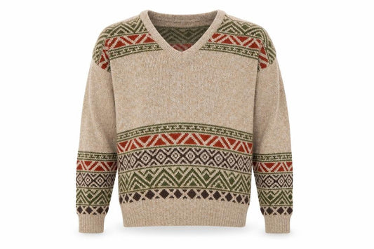 Greenwoods Men's Beige Geometric Pullover M V-Neck Jumper
