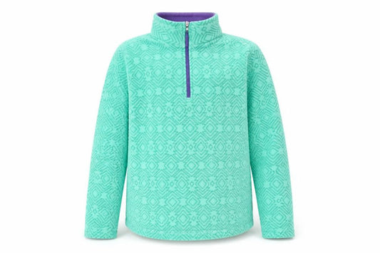Front view of Decathlon girls’ green fleece sweatshirt, 12 years, geometric pattern