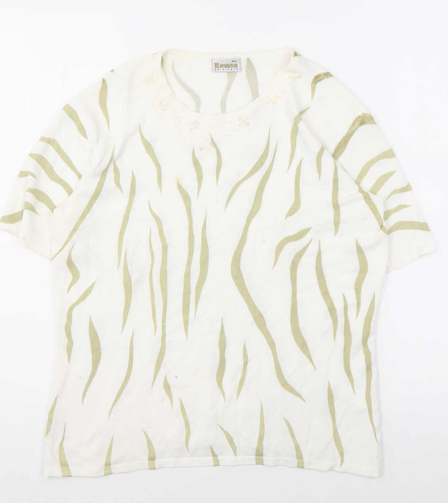 Roman Originals Women’s Ivory Knit Top, M/L, Embroidered Accents
