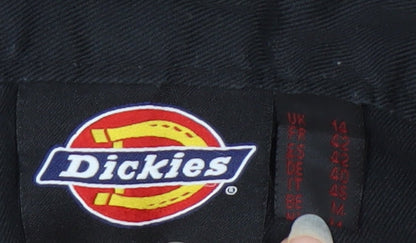 Brand and care label for Dickies women’s black cargo trousers, size UK 14, straight leg