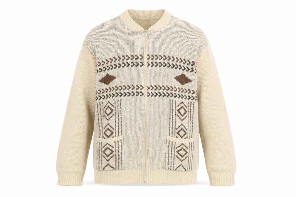 Premier Man XL Beige Full Zip Geometric Jumper