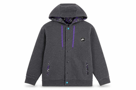 Front view of Nike girls’ grey m hoodie with logo accents