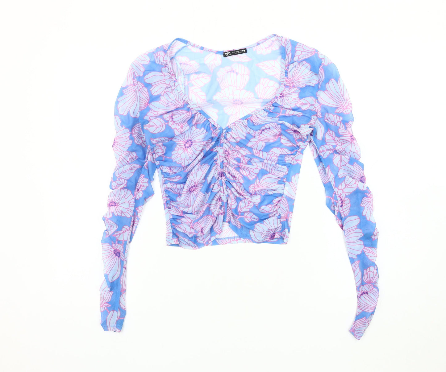 Zara Women’s Blue Floral Mesh Long Sleeve Blouse