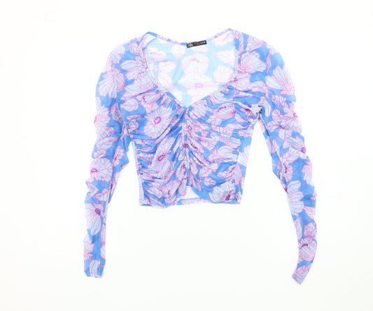 Zara Women’s Blue Floral Mesh Long Sleeve Blouse