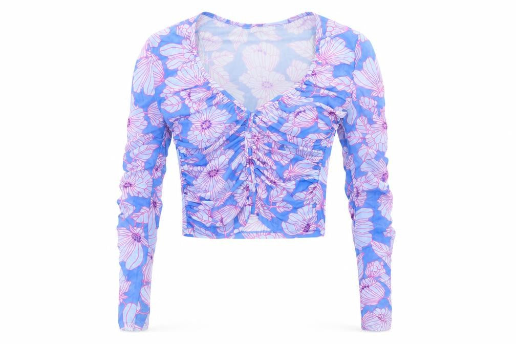 Zara Women’s Blue Floral Mesh Long Sleeve Blouse
