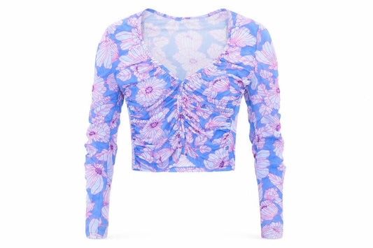 Zara Women’s Blue Floral Mesh Long Sleeve Blouse