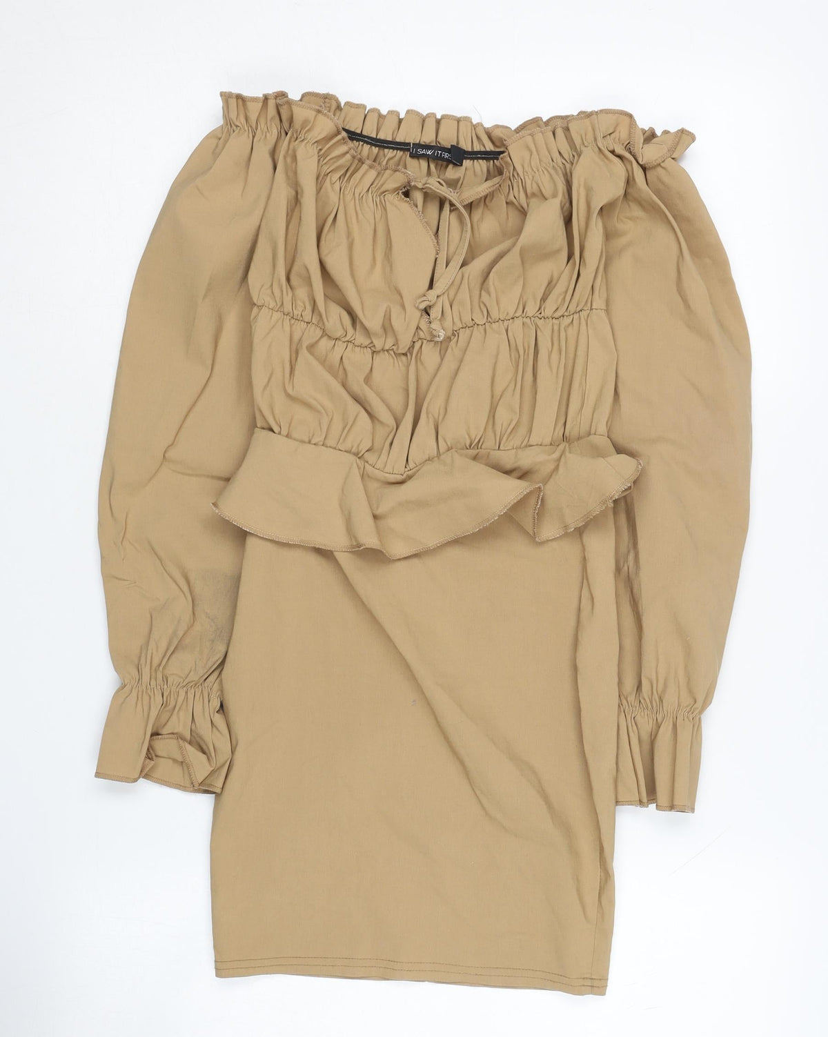 I Saw It First Women's Beige Off Shoulder Ruffle Dress, Size 6