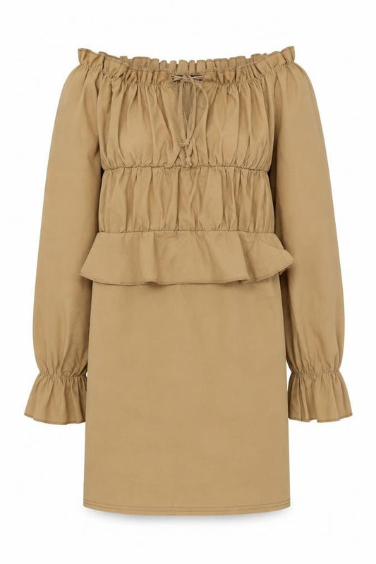 Front view of I Saw It First Women's Beige Off Shoulder Ruffle Dress, size 6
