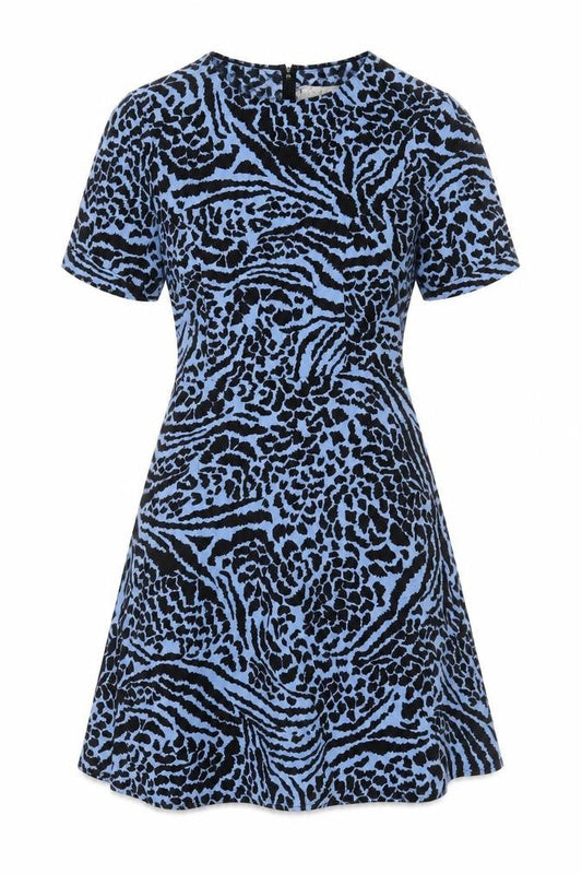 Front view of Miss Selfridge Women's Blue Animal Print Dress, size 6