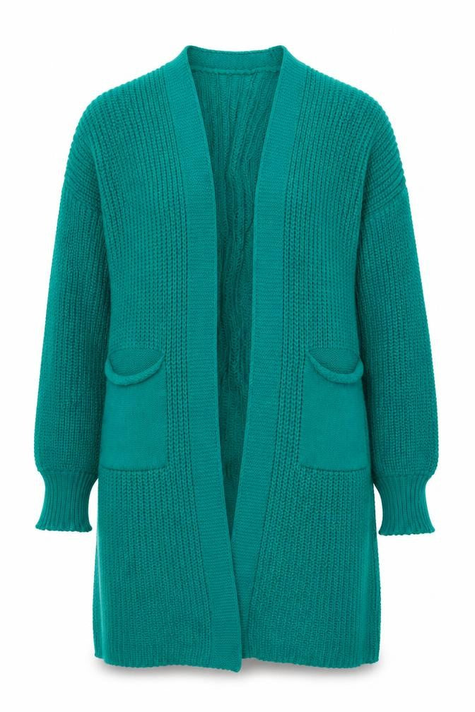 QED London Women's Green Open Front Cardigan Size 2 Chunky Knit