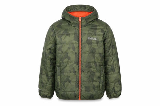 Front view of Regatta boys’ green camouflage puffer jacket 7-8 years