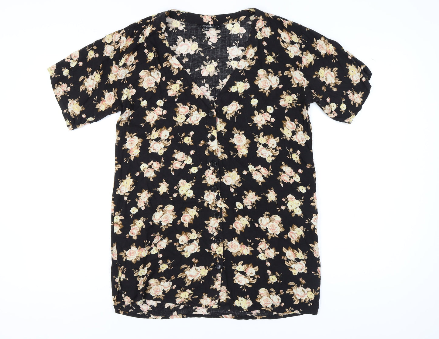 Motel Women Black Floral Short Sleeve V-Neck Dress