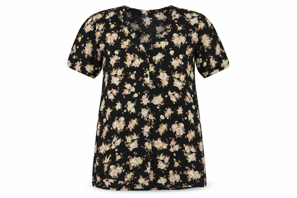 Motel Women Black Floral Short Sleeve V-Neck Dress