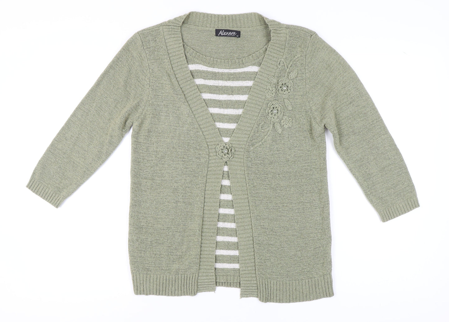 Alexara Women's Green Cardigan, M, V-Neck, 3/4 Sleeve