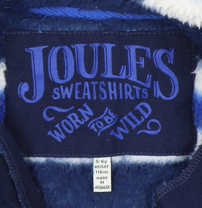 Brand and care label for Joules girls’ blue striped pullover sweatshirt 5-6 years