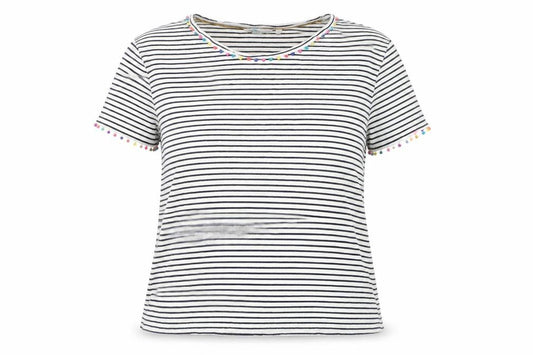 Boden Women's XL White Striped T-Shirt with Beads
