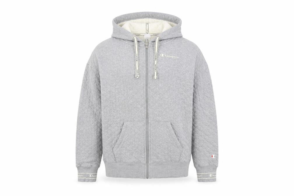 Champion Men’s Grey Full Zip Hoodie - Small, Quilted Style