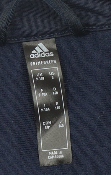 Brand and care label for Adidas boys’ blue track jacket 9-10 years