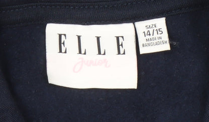 Brand and care label for ELLE girls’ blue pullover hoodie -, size 14/15, years