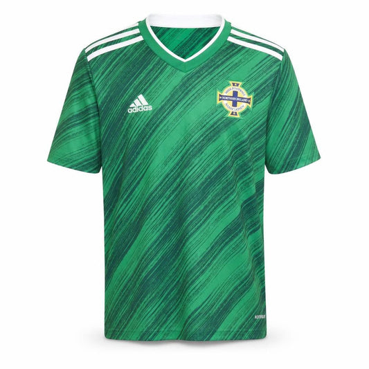Front view of boys’' green adidas football t-shirt, size S, jersey style