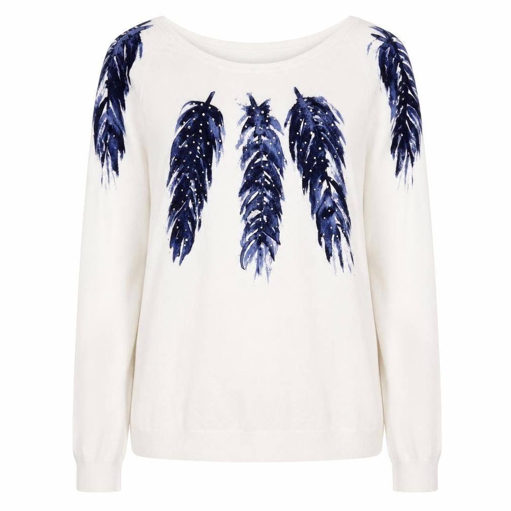 Kaleidoscope Women's White Navy Feather Jumper UK 14