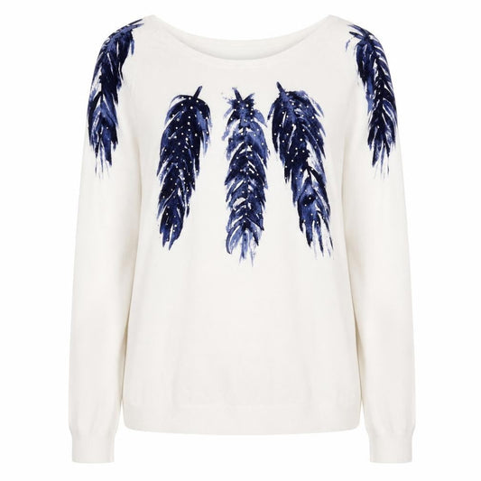 Kaleidoscope Women's White Navy Feather Jumper UK 14