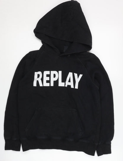 Additional front view of Replay boys’ black hoodie, size 10, cotton pullover