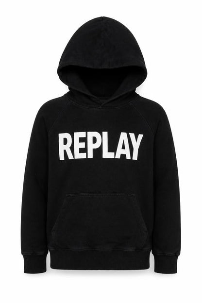 Front view of Replay boys’ black hoodie, size 10, cotton pullover