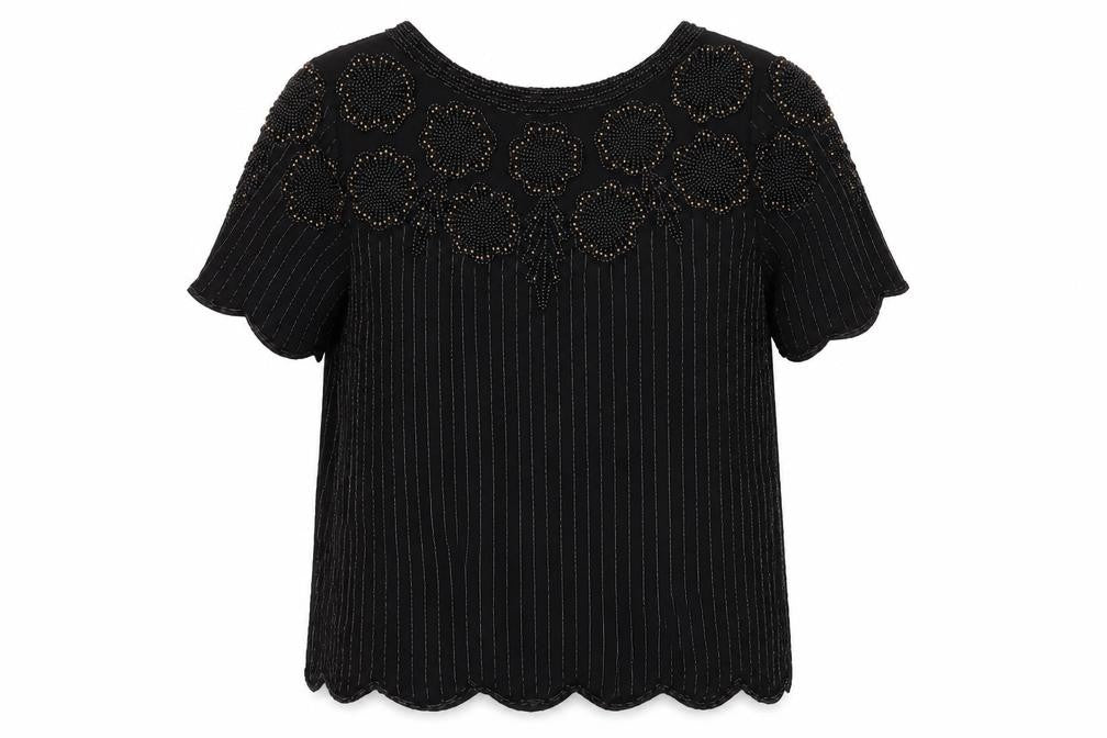 RIBBEL Women's Black Beaded Silk Blouse XL