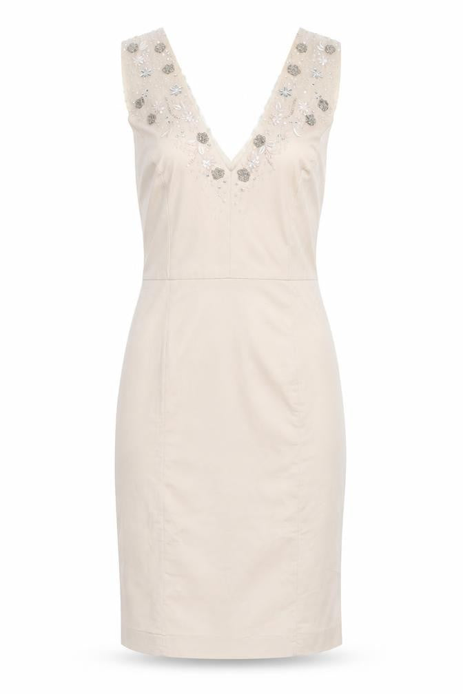 French Connection Beige Sheath Dress, Size 6, Embroidered