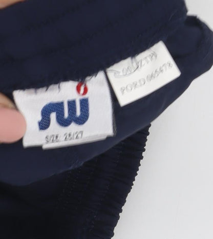 Close-up detail of SW boys’ blue athletic shorts, xs, lightweight activewear