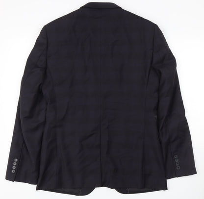 Back view of Simon Carter Men's Blue Plaid Slim Fit Blazer, size 40R
