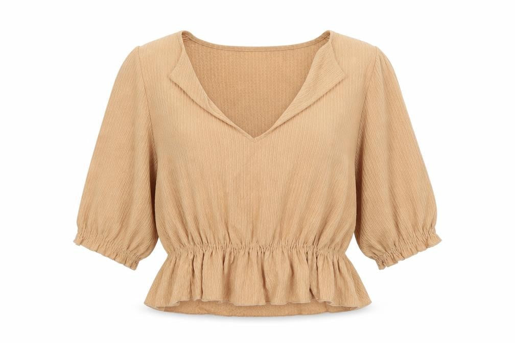Pull&Bear Women's Beige V-Neck Blouse, Puff 3/4 Sleeves, Size M