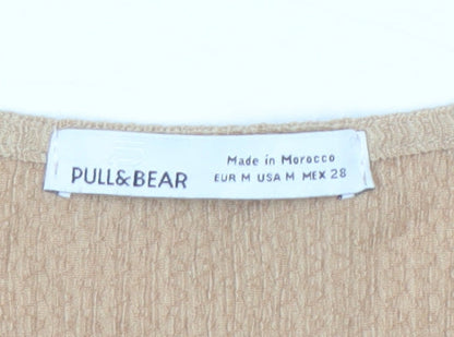 Pull&Bear Women's Beige V-Neck Blouse, Puff 3/4 Sleeves, Size M