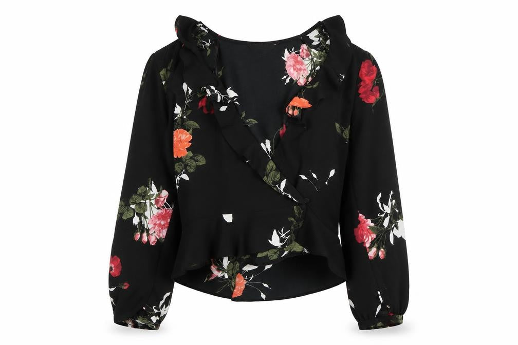 Miss Selfridge Women's Black Floral Wrap Blouse Size 14