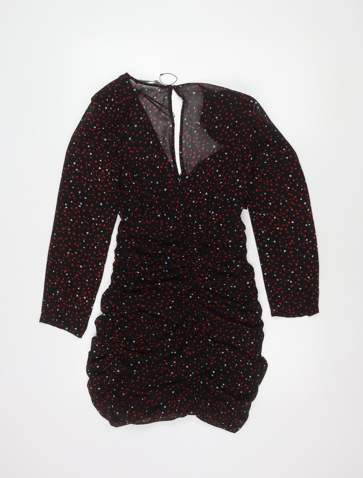 Zara Women's Black with Red and White Hearts Long Sleeve Dress XS