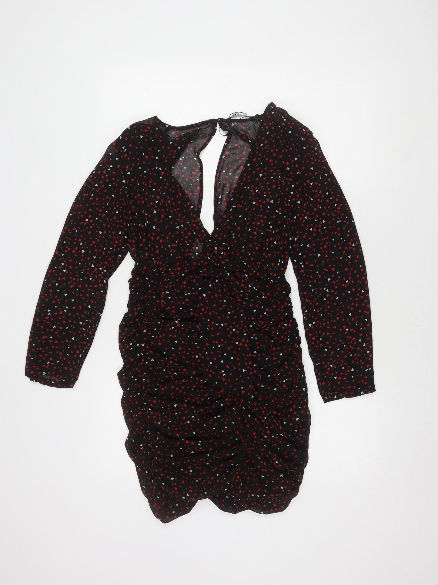 Zara Women's Black with Red and White Hearts Long Sleeve Dress XS