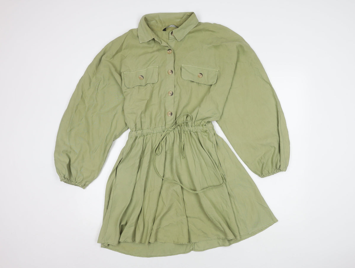 ZARA Green Shirt Dress, S, Women's Long Sleeve Collared