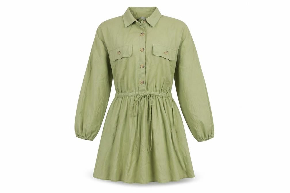 ZARA Green Shirt Dress, S, Women's Long Sleeve Collared