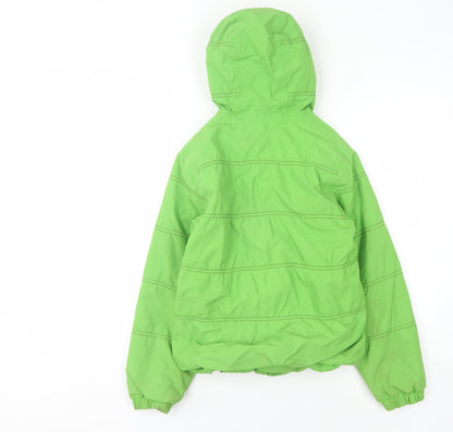 Back view of Quechua boys’ green hooded puffer jacket, size 10-11, years