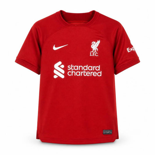 Front view of Nike boys’ red liverpool jersey short sleeve football top 10-11