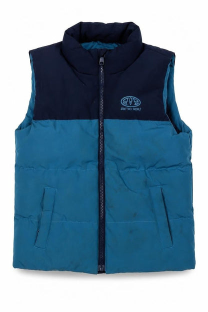 Front view of Animal boys’ blue sleeveless jacket 7-8 years with zip